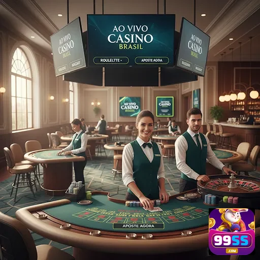 Croupiers no cassino ao vivo da 99ss, com mesas de jogos.