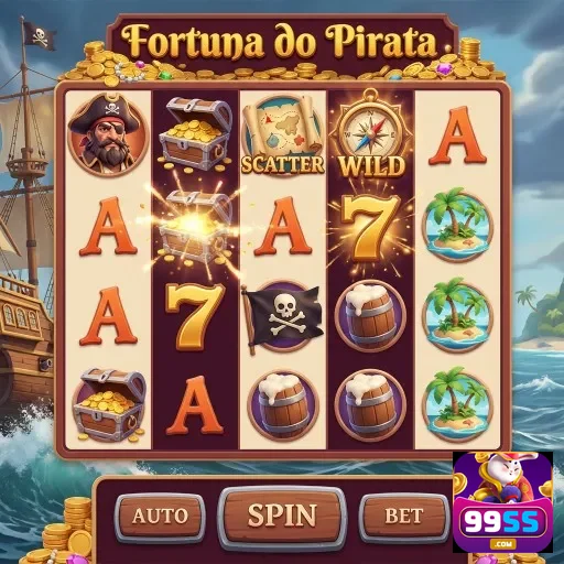 Tela do jogo 'Fortuna do Pirata' no 99ss, com símbolos do tema.