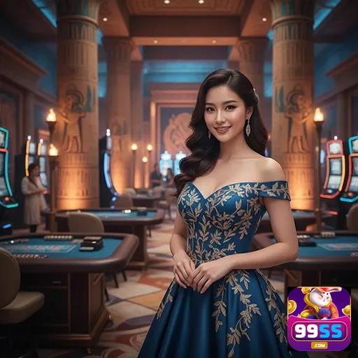 Modelo em ambiente de cassino da 99ss com máquinas de slots.