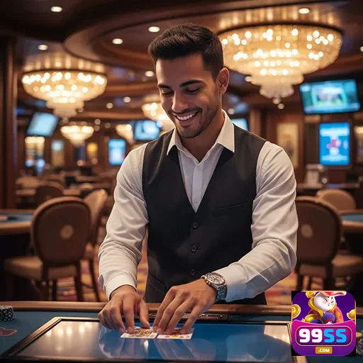 Croupier do cassino da 99ss interagindo com jogadores.