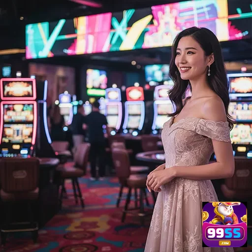 Jogadora elegante em cassino da 99ss com máquinas ao fundo.