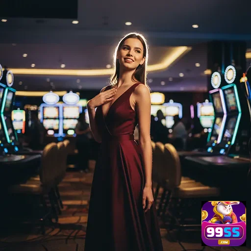 Jogadora na 99ss em salão com máquinas de slot.