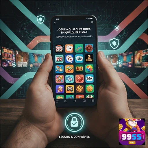 Imagem de smartphone exibindo slot games da 99ss em destaque.