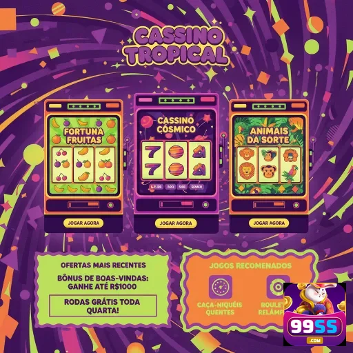 Ilustração do cassino tropical da 99ss com slots temáticos.
