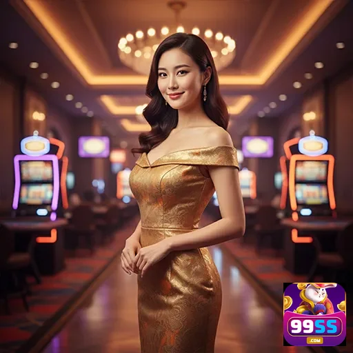 Jogadora em ambiente premium da 99ss com máquinas de slot ao fundo